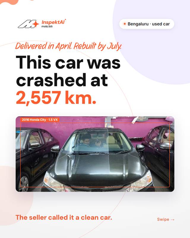 Slide 1 of 5: Crashed at 2,557 km. Sold as “clean”.