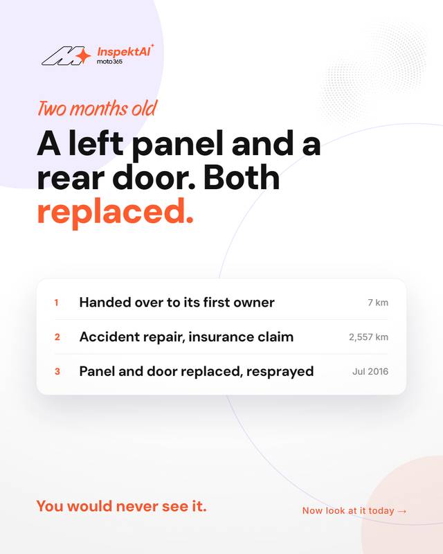 Slide 2 of 5: Crashed at 2,557 km. Sold as “clean”.
