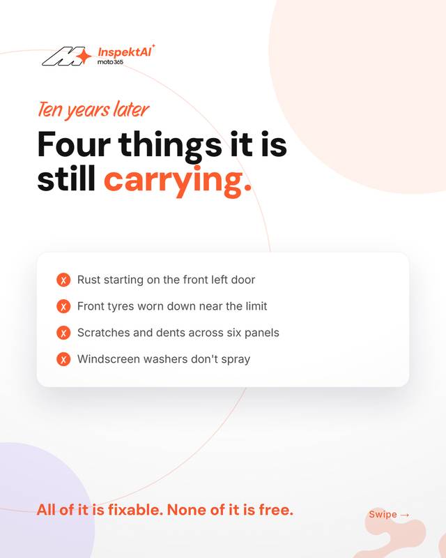Slide 3 of 5: Crashed at 2,557 km. Sold as “clean”.