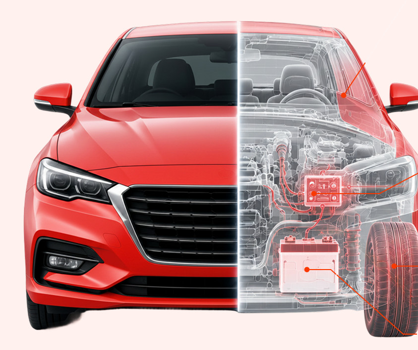 A car shown half in bodywork and half as an X-ray of what is underneath